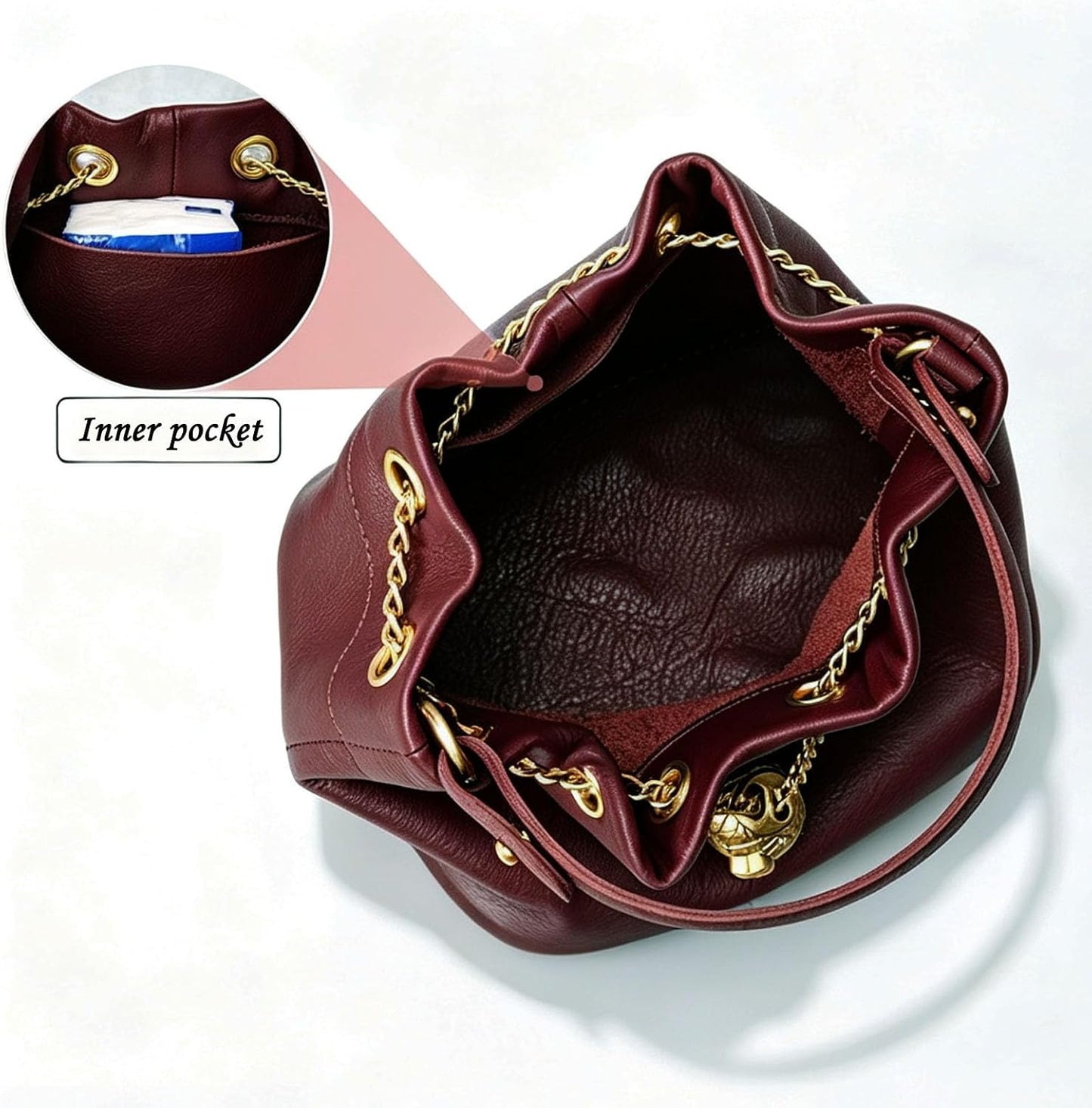 Genuine Leather Bucket Bag with Gold-Tone Chain Strap and Quilted Sphere Detail