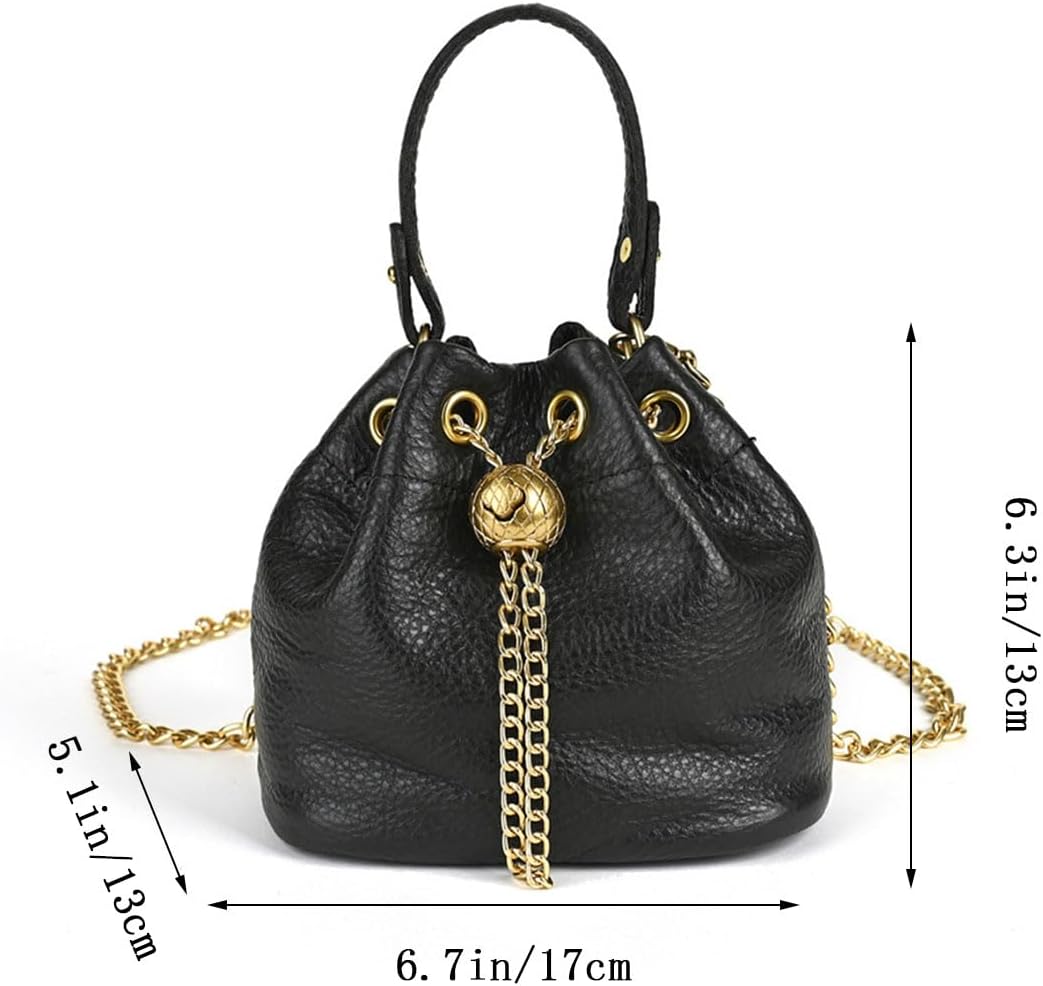 Genuine Leather Bucket Bag with Gold-Tone Chain Strap and Quilted Detail