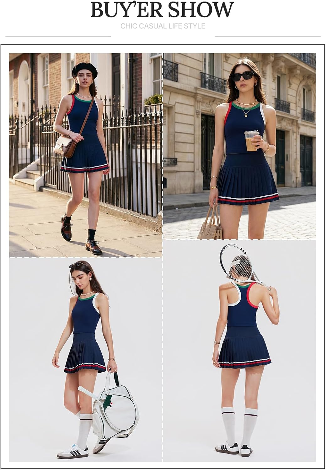 Women's 2 Piece Tennis Skirt Set - Racerback Tank Top and High Waisted Athletic Skort Outfit