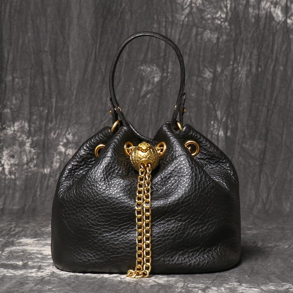Genuine Leather Bucket Bag with Gold-Tone Chain Strap and Quilted Detail