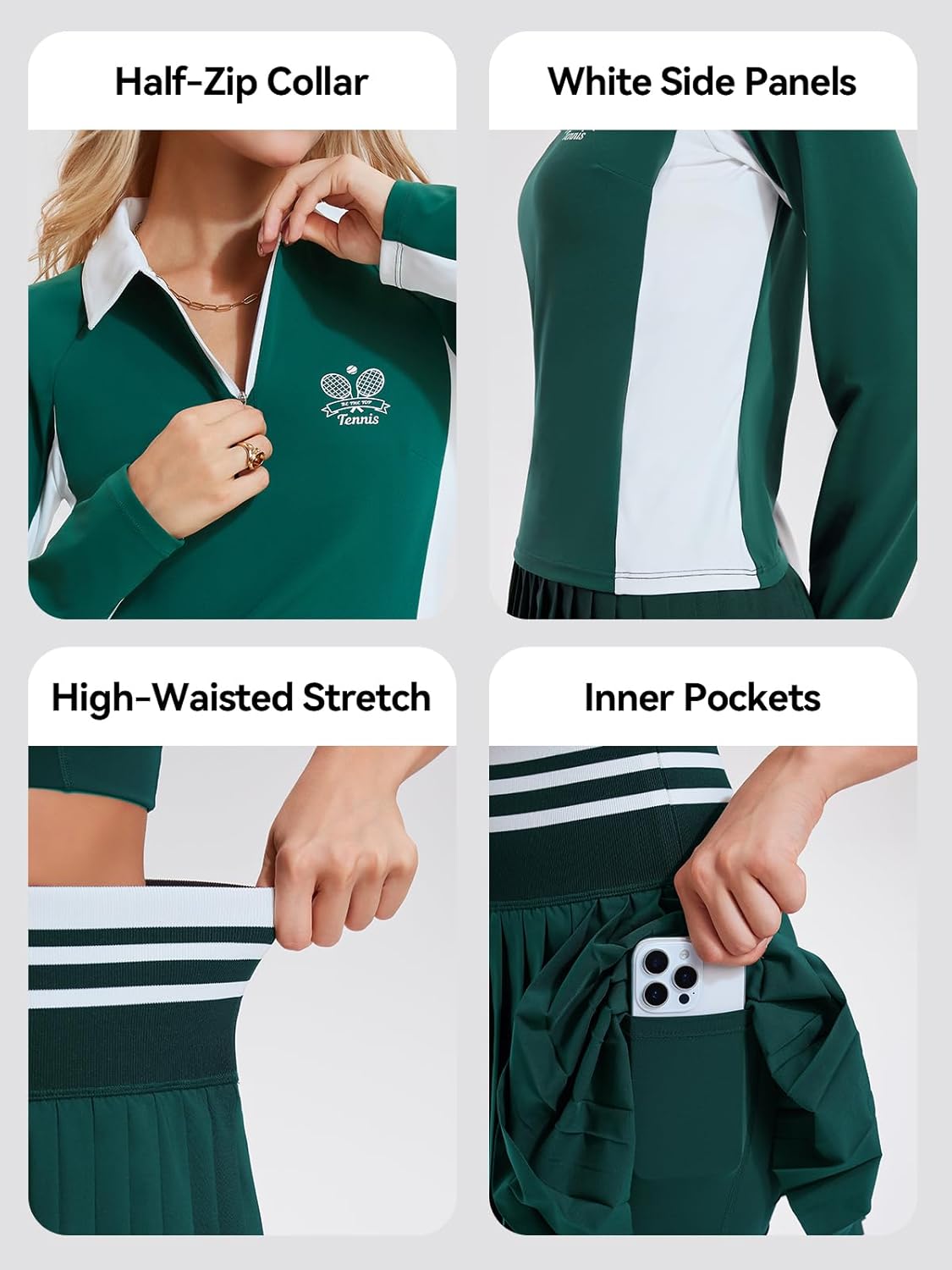 Airfree Women's Golf and Tennis Shirts Half-Zip Color Block Longsleeve Polo Shirts Collared Tops with Tennis Skirt Set