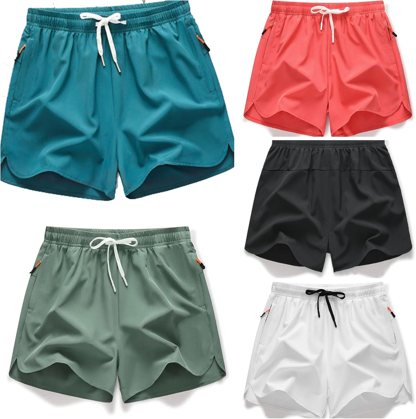 Men's 5 Inch Quick Dry Running Shorts with Pockets and Adjustable Elastic Waistband, 5-Pack