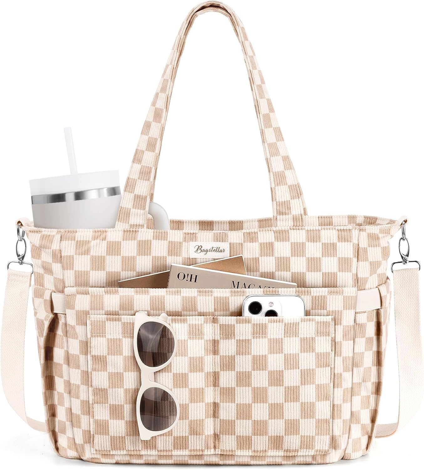 Corduroy Tote Bag for Women, 17 Pockets Laptop Work Bag with 40oz Cup Holder