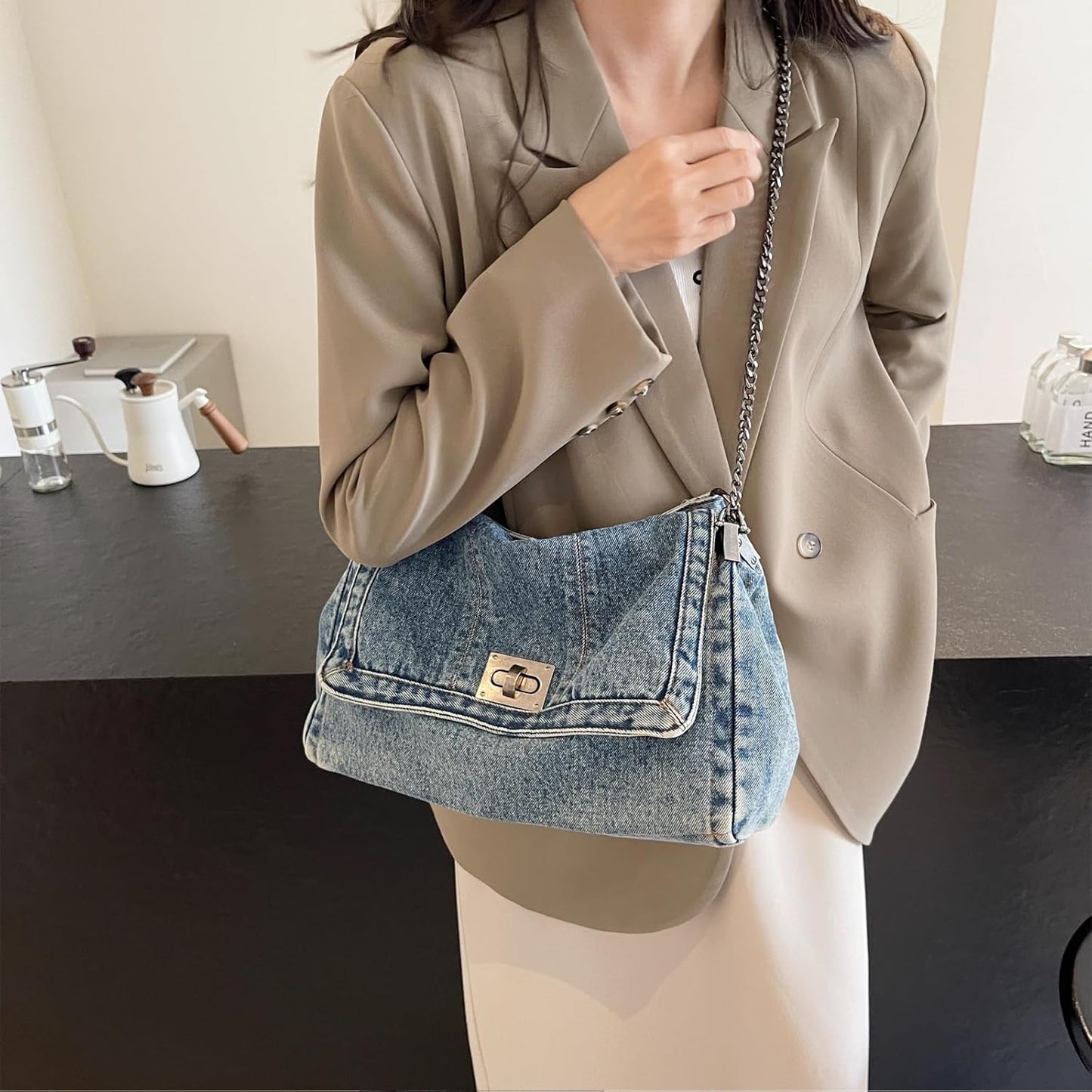 Large Denim Tote Bag for Women - Casual Retro Crossbody Shoulder Bag with Multiple Pockets
