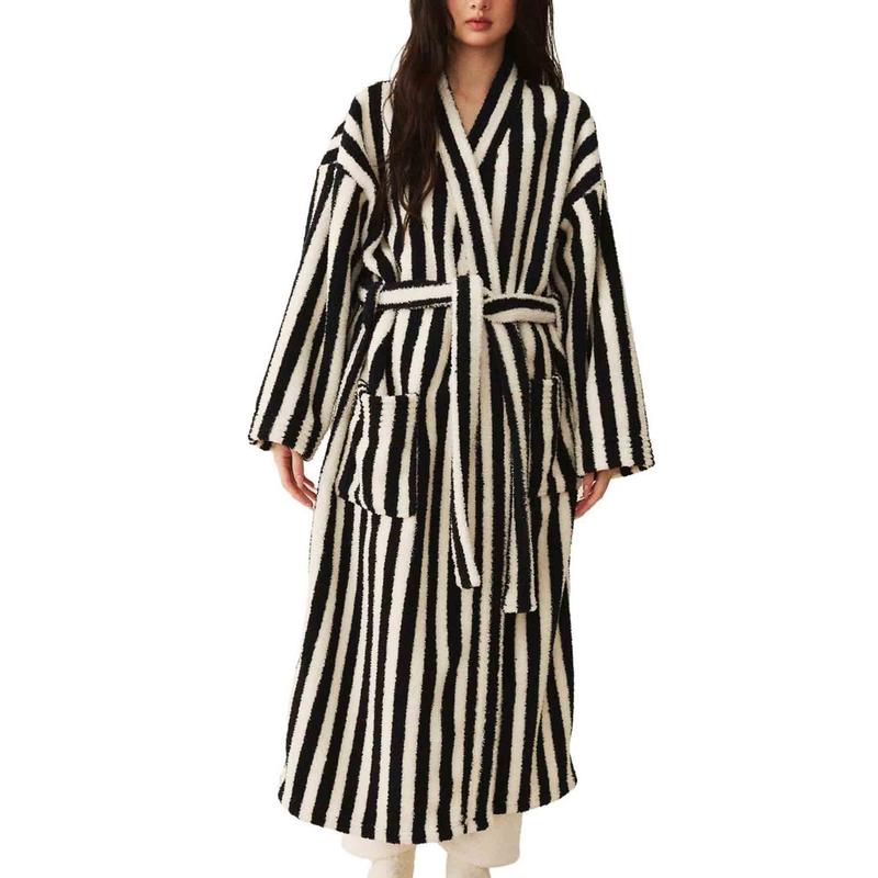 Womens Striped Fluffy Robe - Long Plush Bathrobe, Fuzzy Warm Cozy Thick Maxi Loungewear