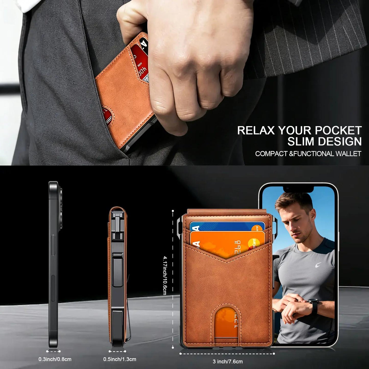 Premium Full-Grain Leather Slim Wallet with Money Clip, RFID-Blocking Aluminum Pop-Up Card Holder