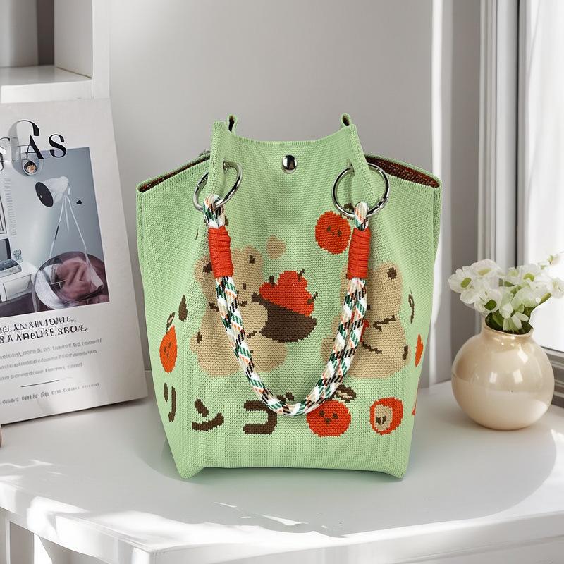Boho Woven Polyester Bucket Bag, Handmade Knitted Crochet Shoulder Bag for Travel and Beach