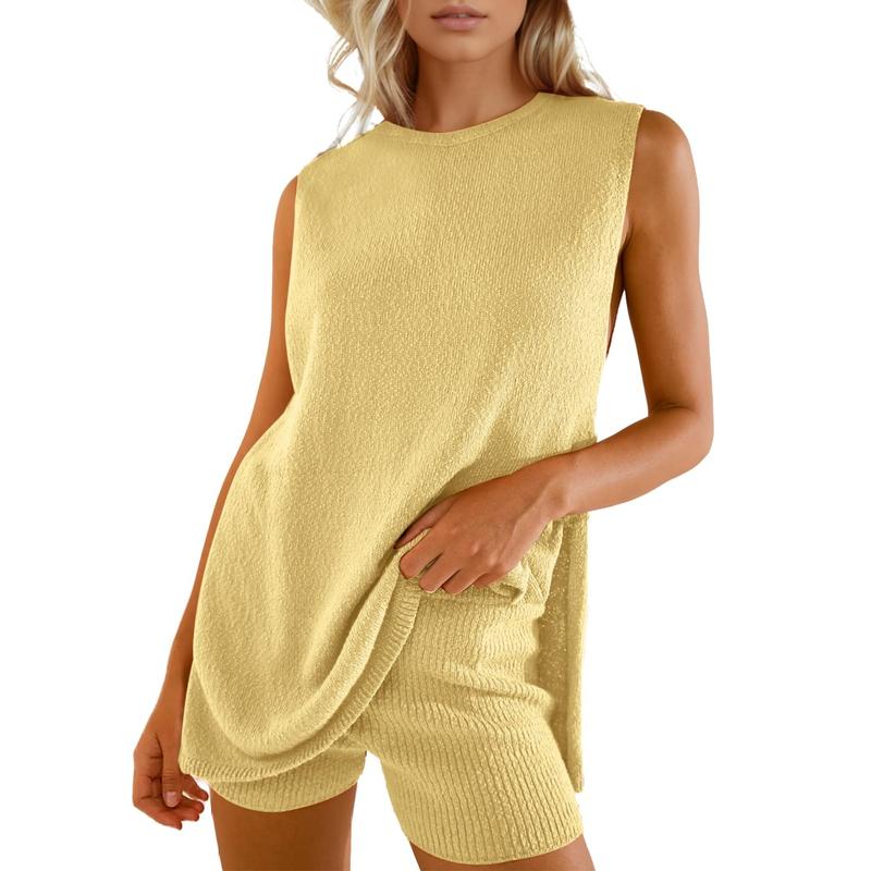 Women's 2 Piece Summer Knit Sweater Set - Sleeveless Tunic Top and Matching Shorts