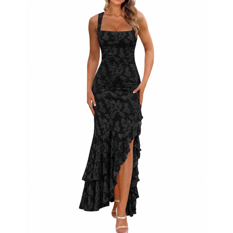 Chic Floral Embroidery Mermaid Maxi Dress - Sexy Square Neck Ruched Bodycon Gown