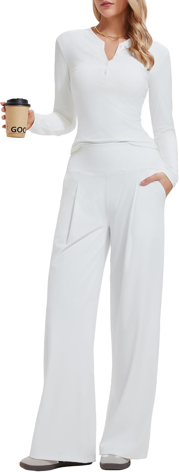 Mudere 2 Piece Matching Lounge Sets for Women Long Sleeve Henley Top with High Waist Wide Leg Pants Travel Casual Outfits