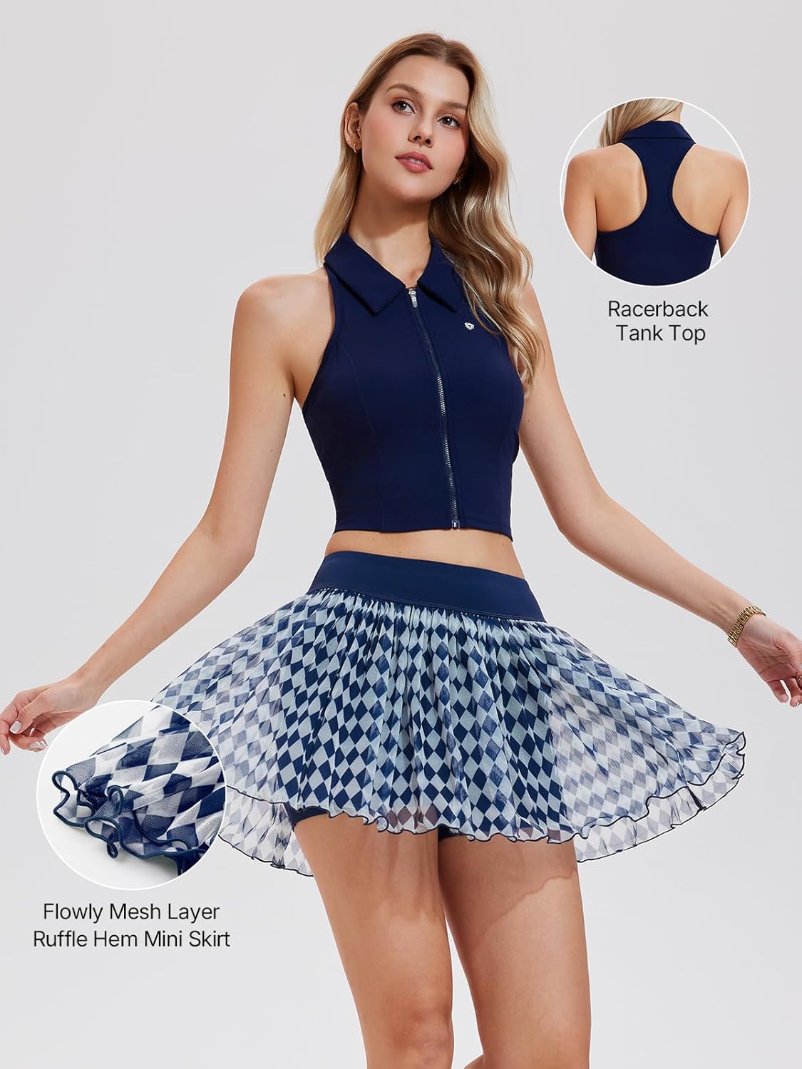 Women's 2 Piece Tennis Skirt Set - Flowy Mesh Pleated Mini Skirt & Full Zip Crop Top