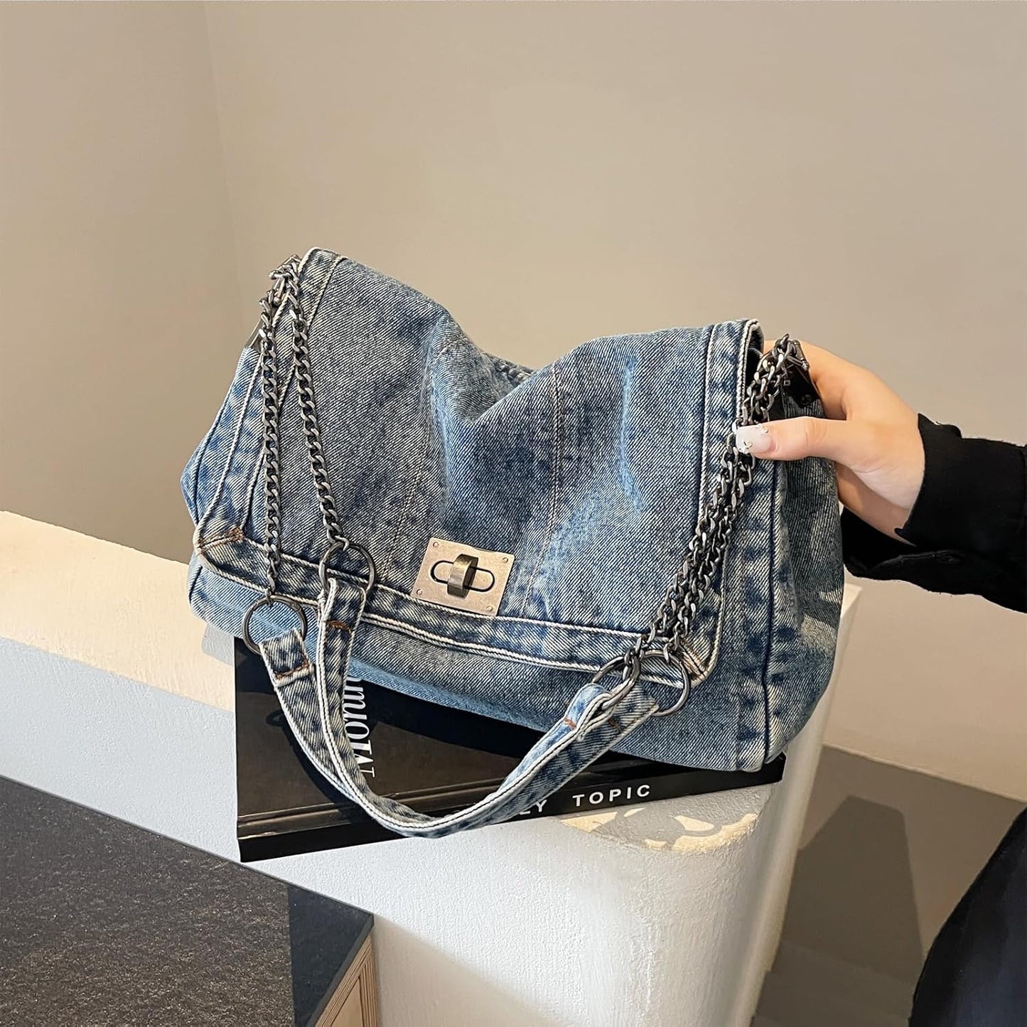 Large Denim Tote Bag for Women - Casual Retro Crossbody Shoulder Bag with Multiple Pockets