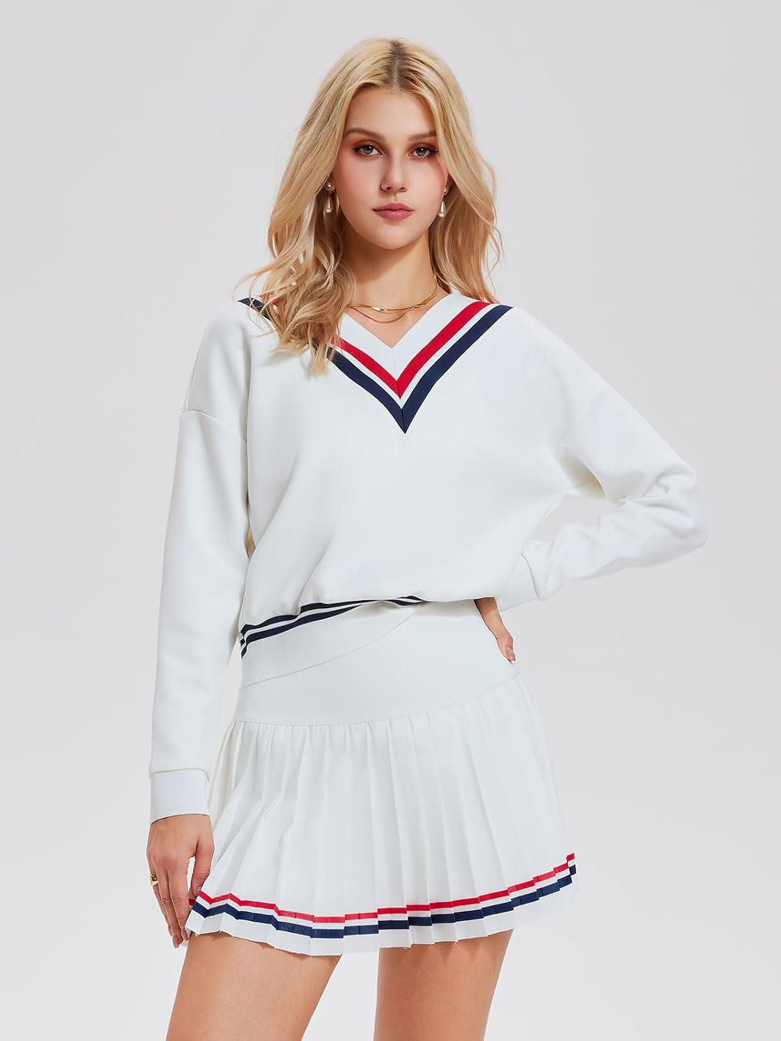 Women's 2 Piece Tennis Skirt Set, V-Neck Long Sleeve Sweatshirt & High Waisted Pleated Skirt
