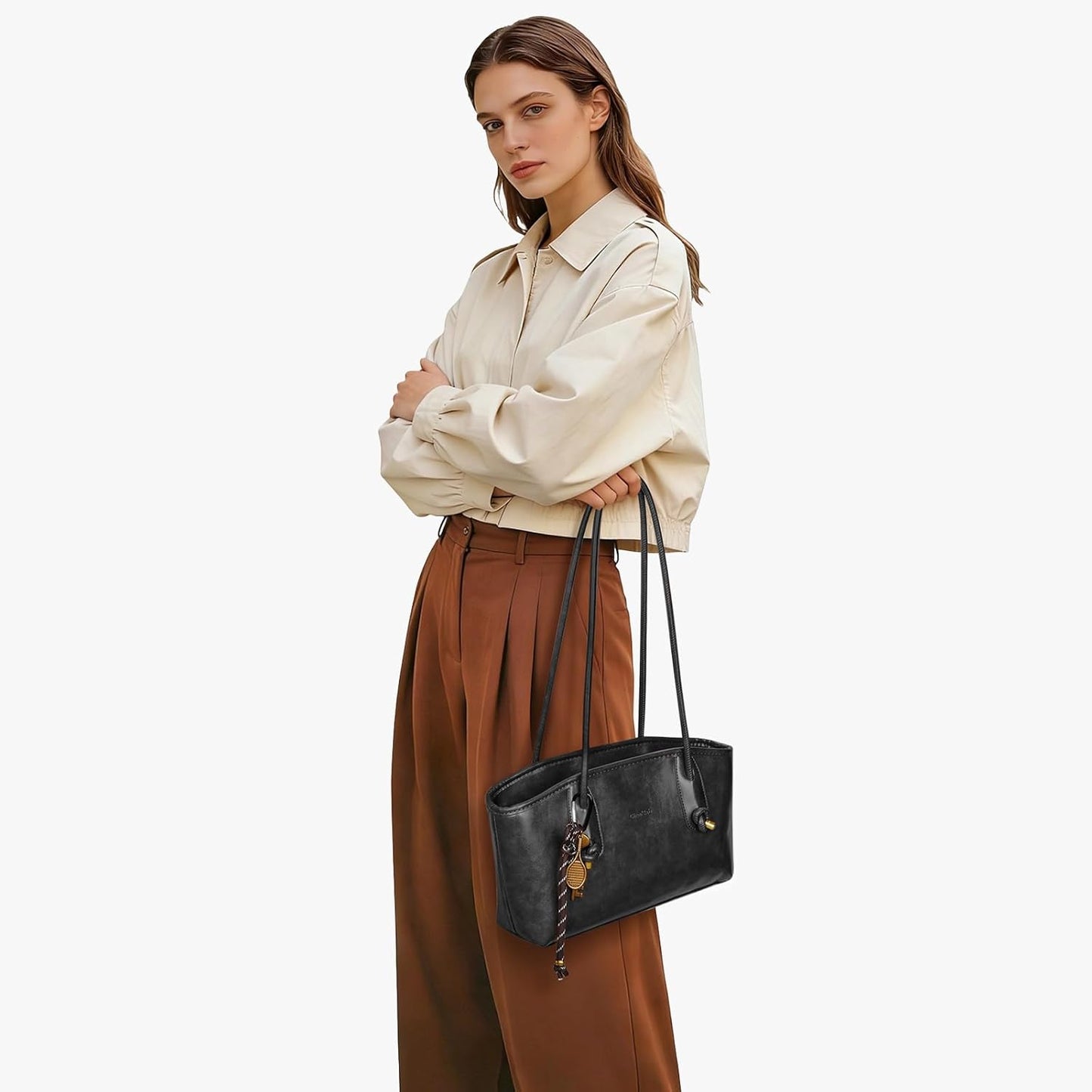 Vintage Brown Faux Leather Shoulder Bag - Fall Hobo Handbag with Cute Pendant