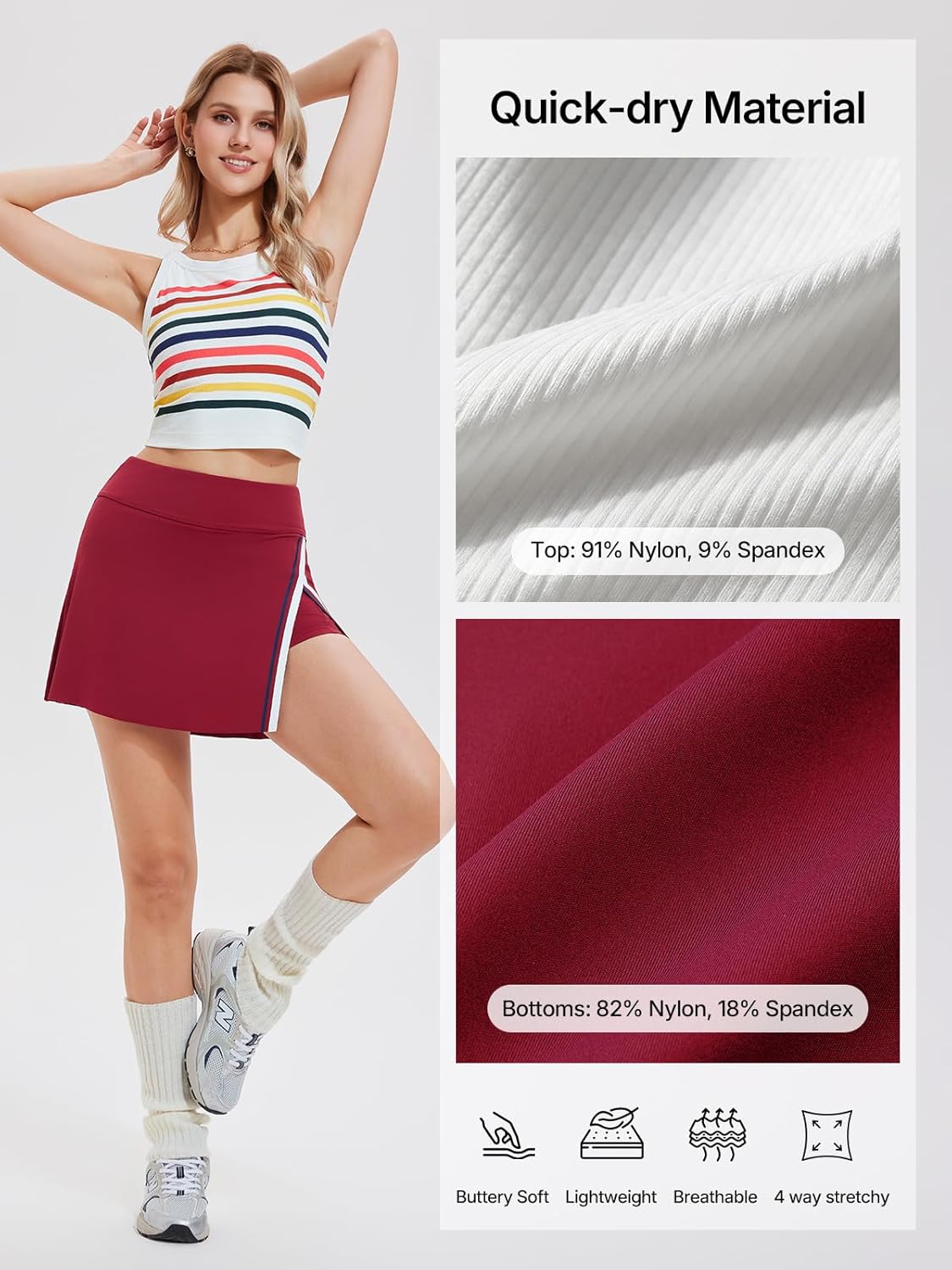Women's 2 Piece Tennis Skirt Set - Side Slit Skort with 4 Pockets & Padded Racerback Crop Top