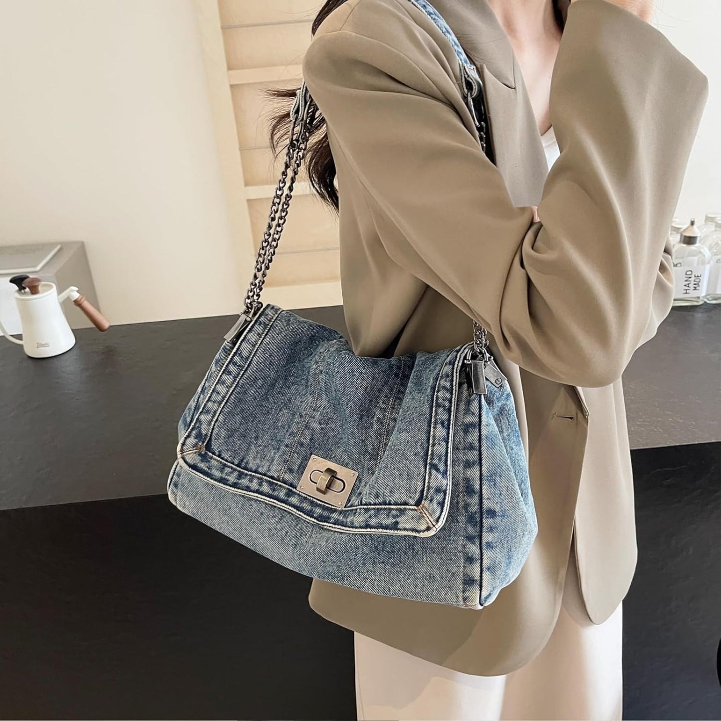 Large Denim Tote Bag for Women - Casual Retro Crossbody Shoulder Bag with Multiple Pockets