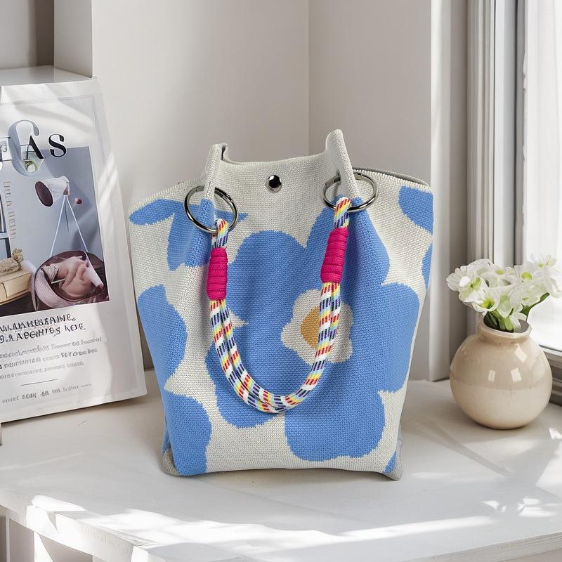 Boho Woven Polyester Bucket Bag, Handmade Knitted Crochet Shoulder Bag for Travel and Beach