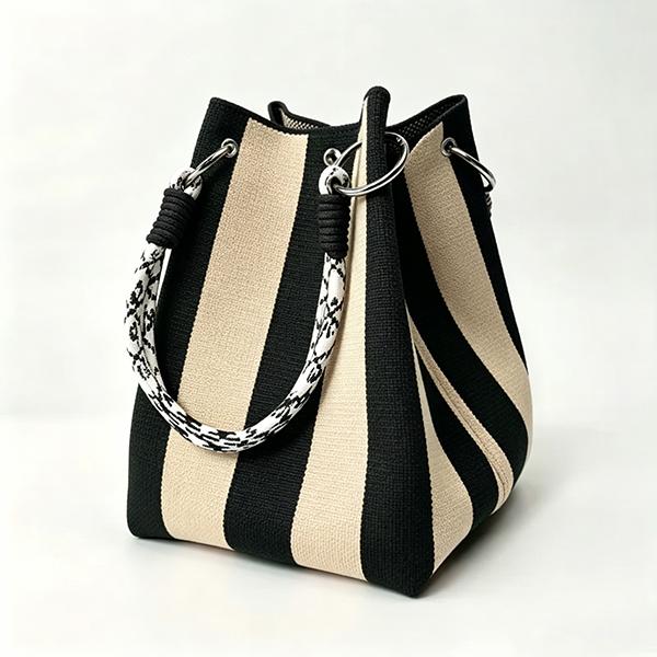 Boho Woven Polyester Bucket Bag, Handmade Knitted Crochet Shoulder Bag for Travel and Beach