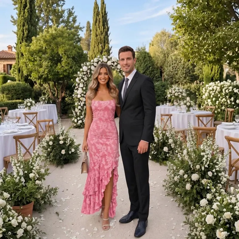 Chic Floral Embroidery Mermaid Maxi Dress - Sexy Square Neck Ruched Bodycon Gown
