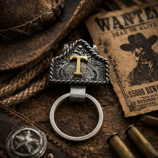 Handmade Cow Tag Leather Belt Key Holder with Copper Initial - Western Style Keychain
