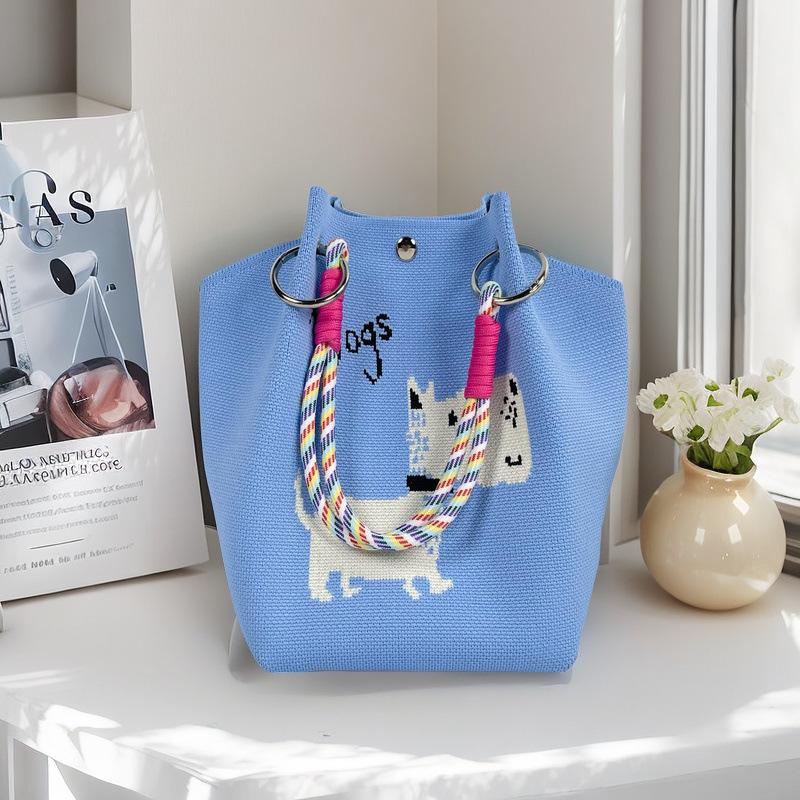 Boho Woven Polyester Bucket Bag, Handmade Knitted Crochet Shoulder Bag for Travel and Beach