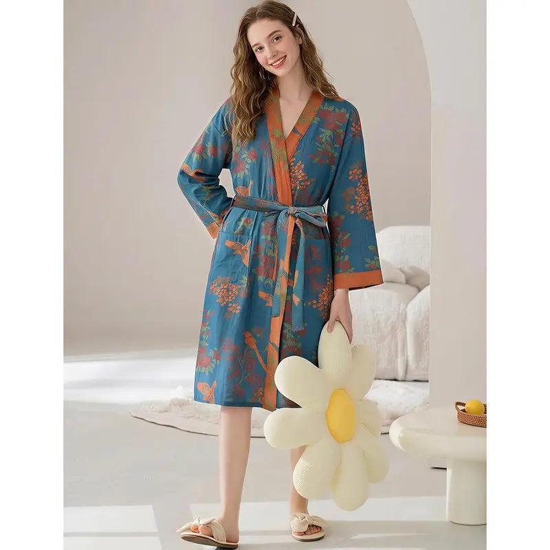 Women's Cotton Gauze Jacquard Loose-Fit Knee-Length Japanese Yukata Lightweight Bathrobe