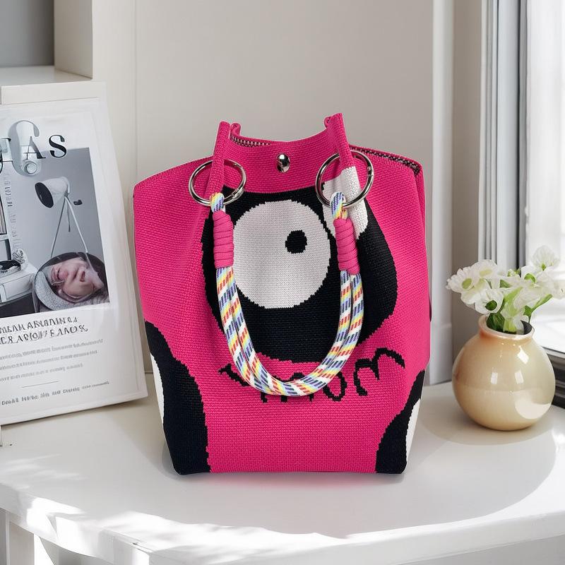 Boho Woven Polyester Bucket Bag, Handmade Knitted Crochet Shoulder Bag for Travel and Beach