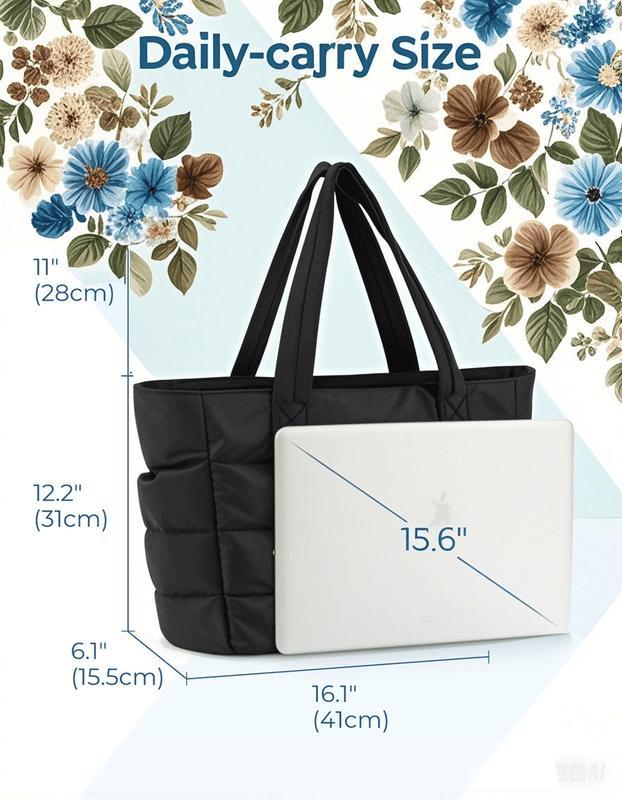 Cute Puffer Tote Bag for Women, Pink Flower Print Laptop Shoulder Handbag with Multiple Compartments