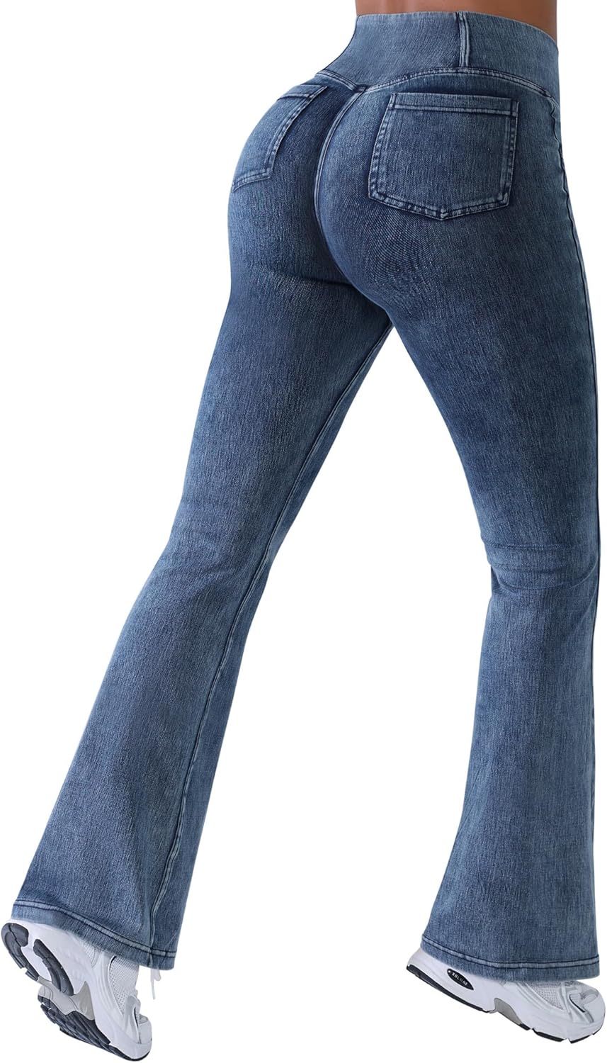 Women's 29" & 31" Flare Jeggings with 4 Pockets - Crossover Tummy Control Bell Bottom Jeans