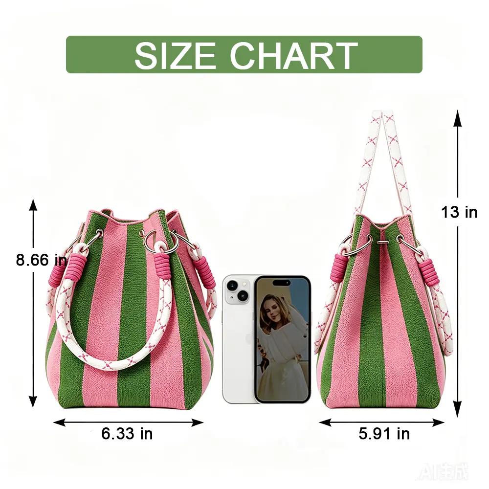 Boho Woven Polyester Bucket Bag, Handmade Knitted Crochet Shoulder Bag for Travel and Beach