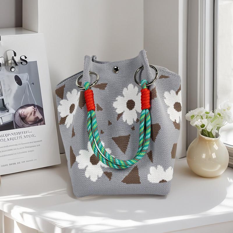 Boho Woven Polyester Bucket Bag, Handmade Knitted Crochet Shoulder Bag for Travel and Beach