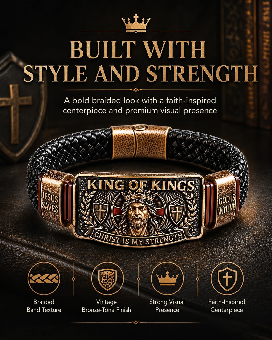King of Kings Faith Bracelet - Adjustable Handmade Religious Leather Wristband for Men