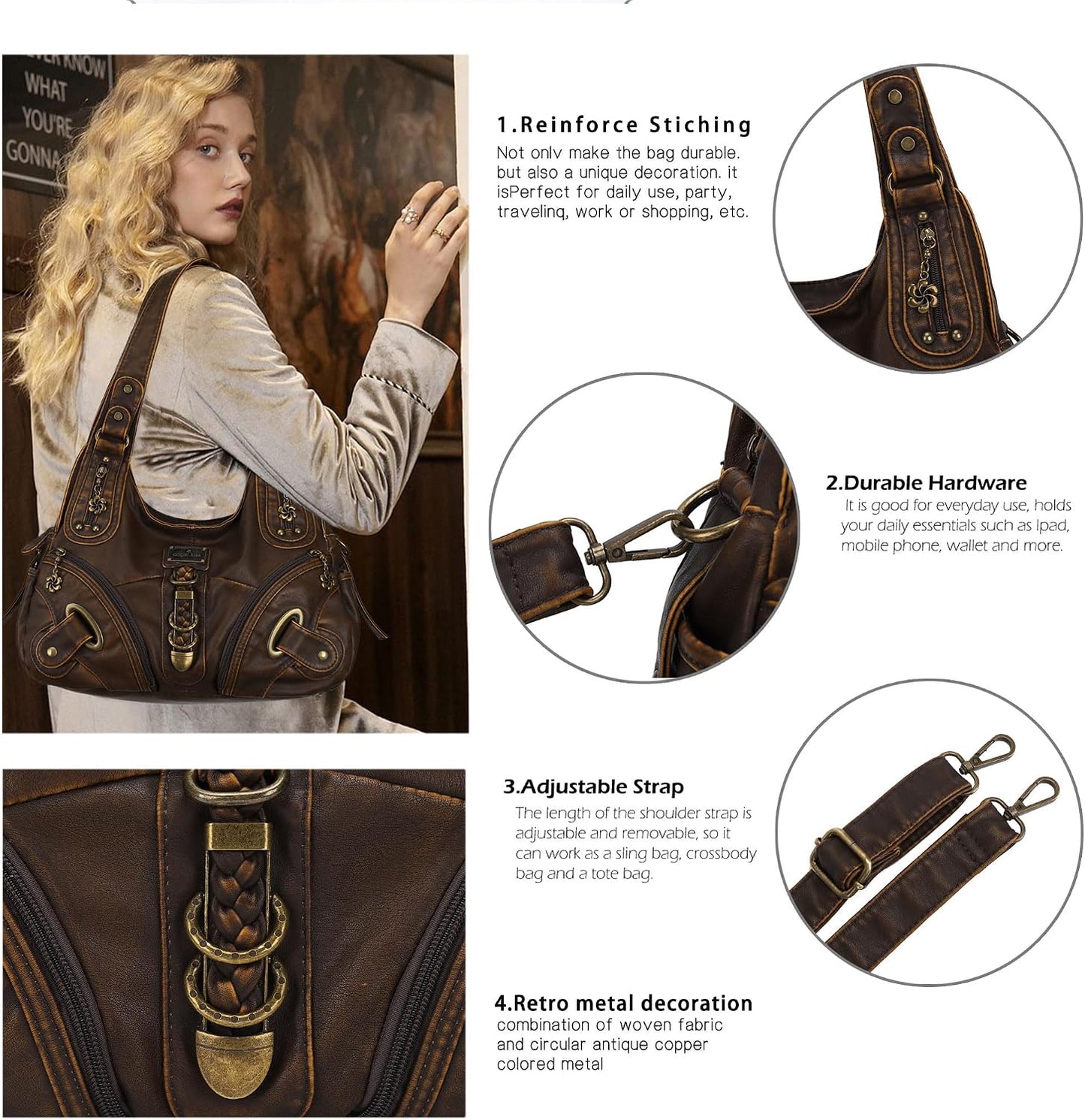 Hobo Purses and Handbags for Women - Large Daily Shoulder Bag and Satchel with Multiple Pockets