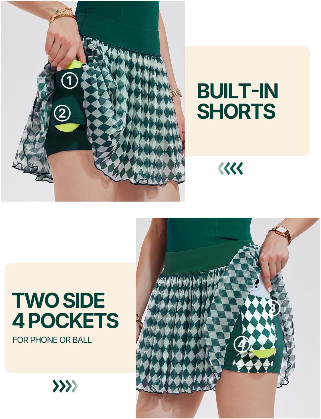 Women's 2 Piece Tennis Skirt Set - Long Sleeve Color Block Top & Pleated Skort