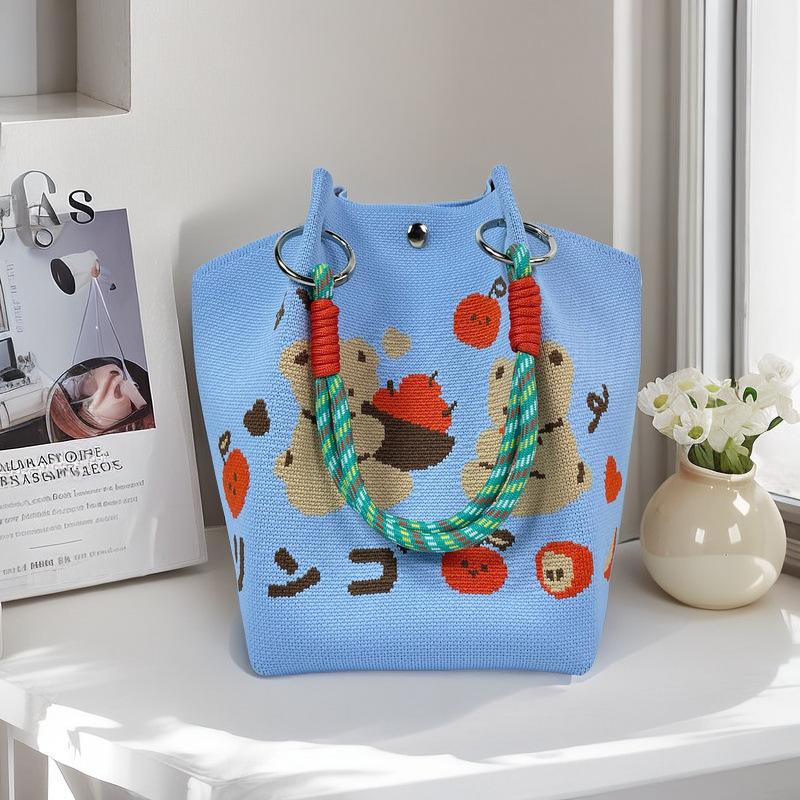Boho Woven Polyester Bucket Bag, Handmade Knitted Crochet Shoulder Bag for Travel and Beach