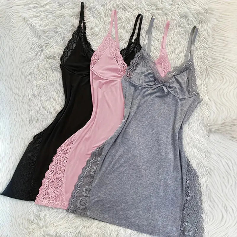 Women's Lace Trim Side Slit Modal Cami Sleep Dress - Lightweight Soft Nightwear