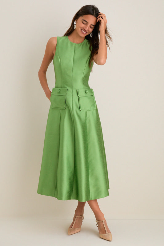 Pistachio Dupioni A-Line Midi Dress with Functional Hip Pockets