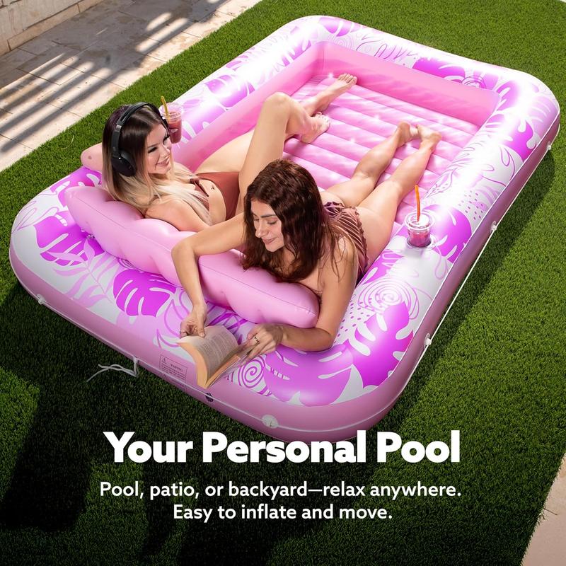 Extra Large Inflatable Tanning Pool Lounge Float with Cup Holder and Pillow, 4-in-1 Sunbathing Bed