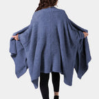 Women's Oversize Fleece Blanket Cape - 50" Width Flowing Side Slits Machine Washable Shawl-Wrap