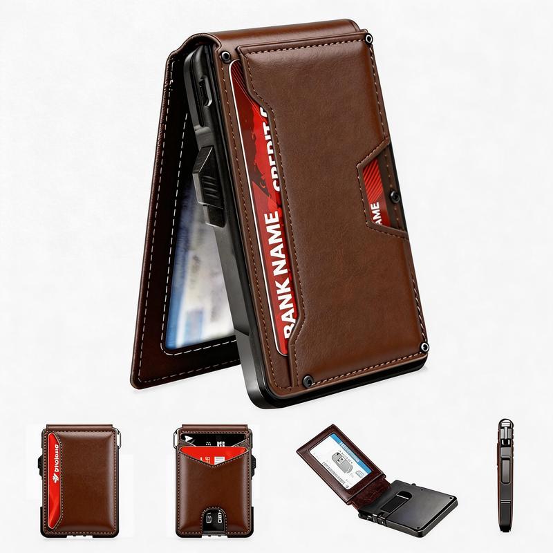 Premium Full-Grain Leather Slim Wallet with Money Clip, RFID-Blocking Aluminum Pop-Up Card Holder