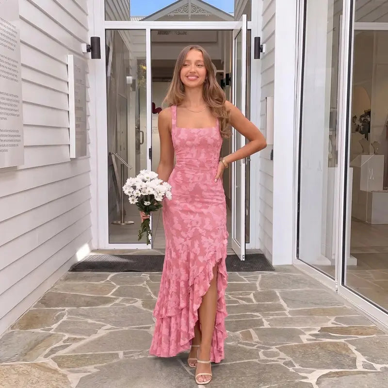 Chic Floral Embroidery Mermaid Maxi Dress - Sexy Square Neck Ruched Bodycon Gown