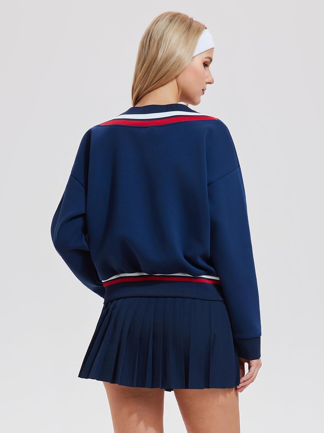 Womens Sweatsuits 2 Piece Set Color Block V Neck Sweatshirts High Waisted Tennis Running Golf Tracksuits Skirts Sets