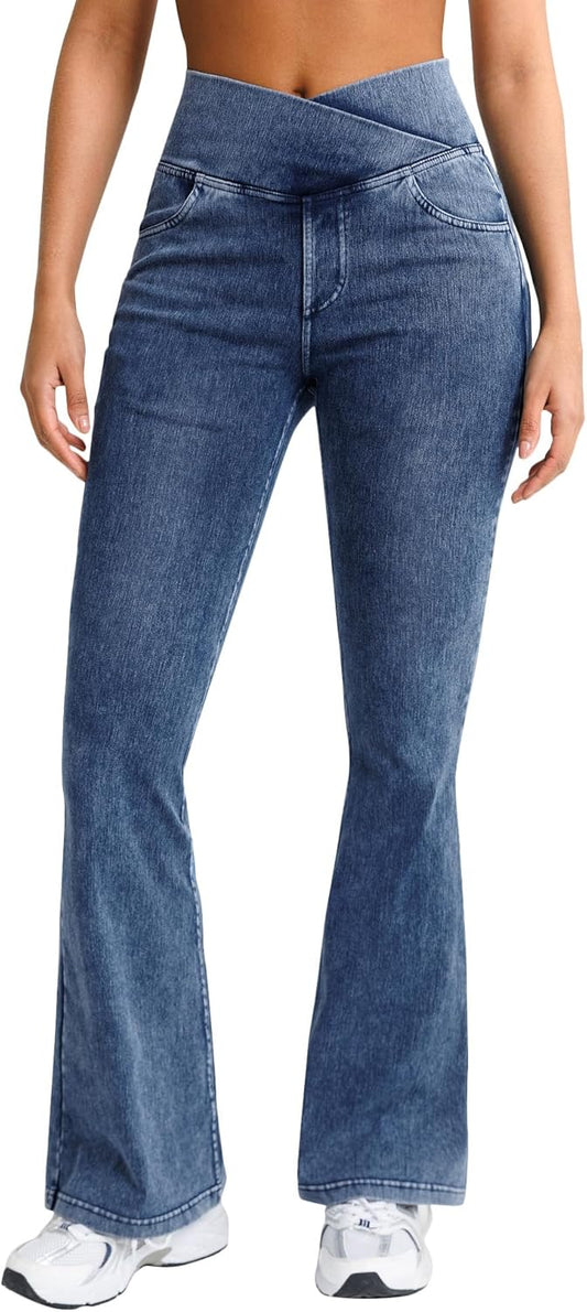 Women's 29" & 31" Flare Jeggings with 4 Pockets - Crossover Tummy Control Bell Bottom Jeans