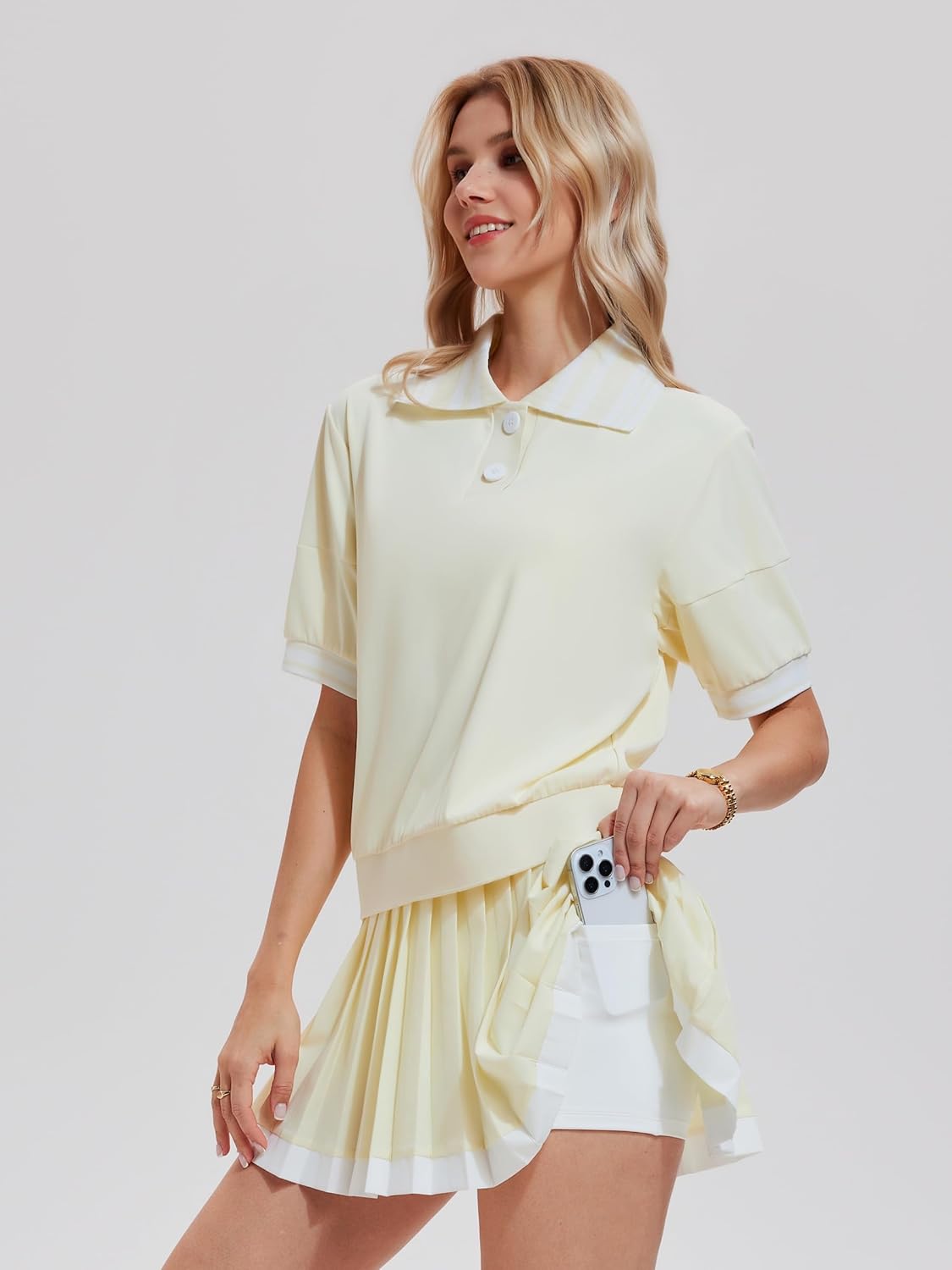 AFZ Women Tennis Skirt Set Color-Block Ribbed Tennis Shirt Athletic Dress Golf Skorts for Pickleball Pockets
