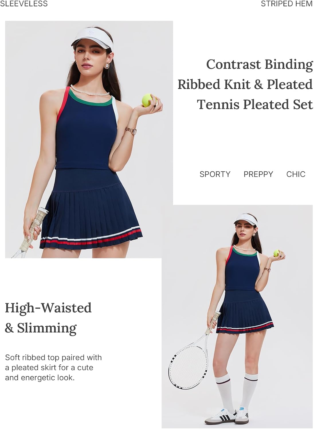 Women's 2 Piece Tennis Skirt Set - Racerback Tank Top and High Waisted Athletic Skort Outfit