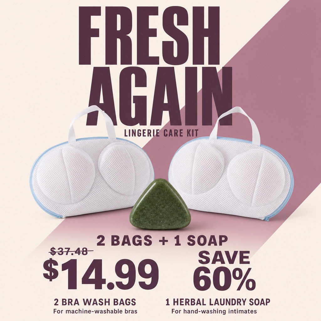 Fresh Again lingerie care poster: two white mesh bra wash bags with pale-blue zippers and one green triangular herbal hand-wash soap; $14.99 compared with $37.48, saving 60%.