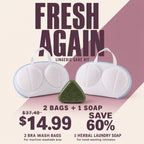 Fresh Again lingerie care poster: two white mesh bra wash bags with pale-blue zippers and one green triangular herbal hand-wash soap; $14.99 compared with $37.48, saving 60%.