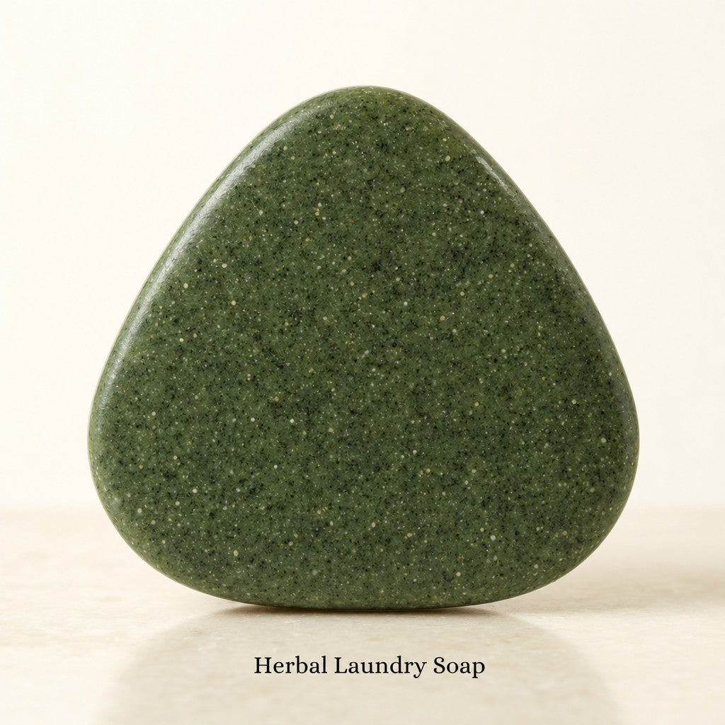 Close-up of one dark botanical-green herbal laundry soap with rounded triangular shape and visible mottled surface texture.