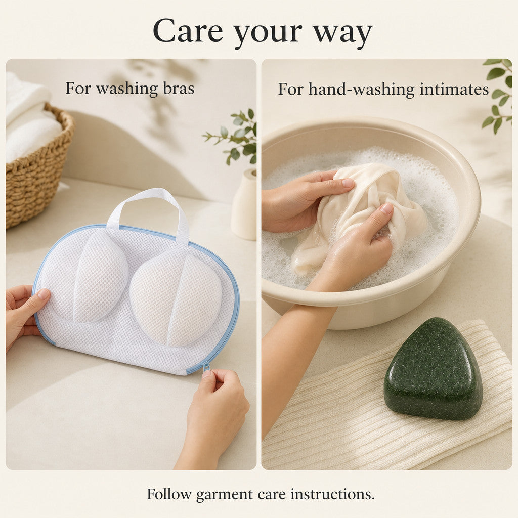 Two separate care uses: a bra being secured in the original wash bag, and an intimate garment being hand-washed with the green triangular laundry soap.