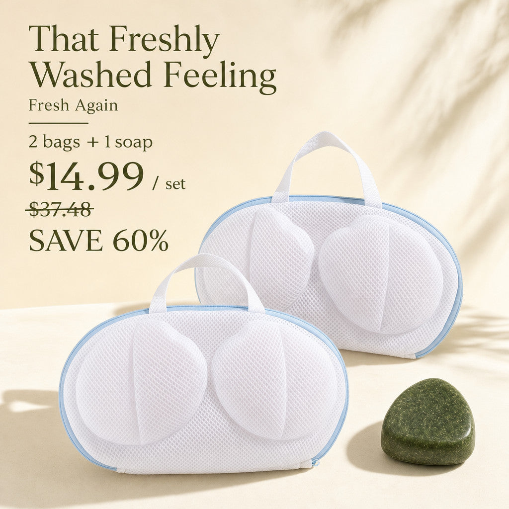 Fresh Again complete care kit with two bra wash bags and one green triangular soap, presented at $14.99 per set with a $37.48 comparison price and 60% savings.